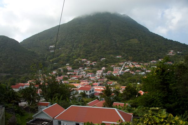View over Windwardside and Mt Scenery on Saba island.