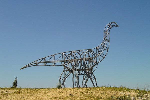 A dinosaur sculpture at the site.
