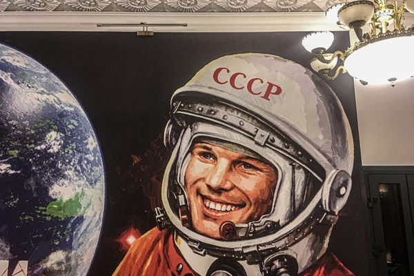 A Yuri Gagarin mural inside the café.