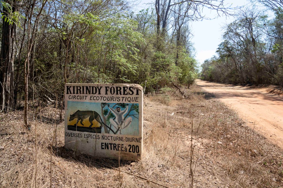 A sign marks the entrance to Kirindy Forest, a private reserve on the western coast of Madagascar.