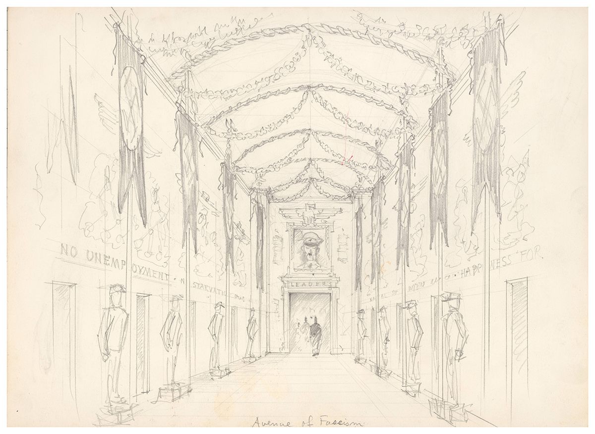 A sketch for the "Avenue of Fascism" at the never-realized <em>Exhibition X</em>.