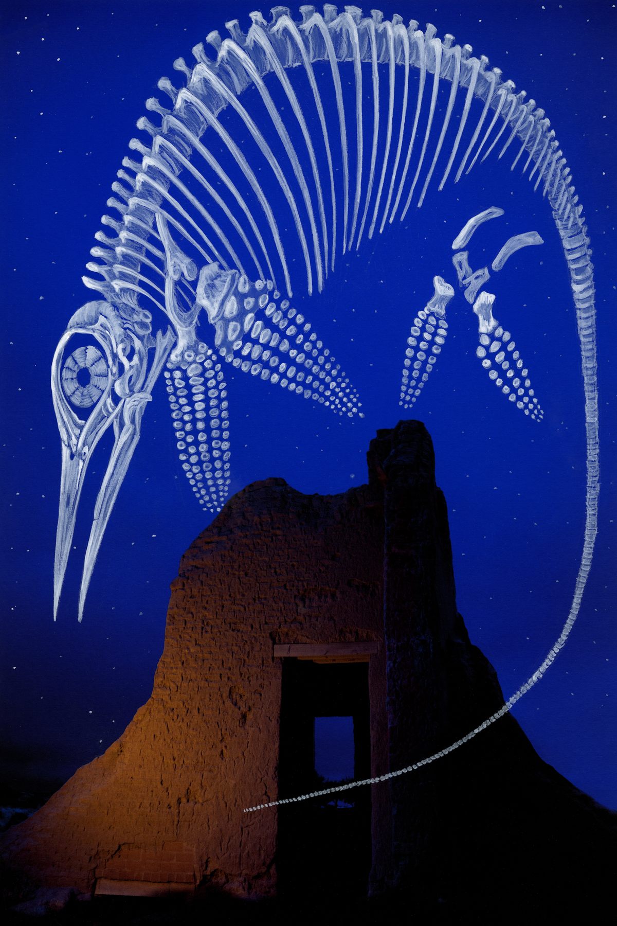 <em>Lake Lahontan</em> by Francesca Berrini and Lindsey Rickert uses mixed mediums and the traditional dimensions of a postcard to depict Fort Churchill's past, from prehistoric times to present.