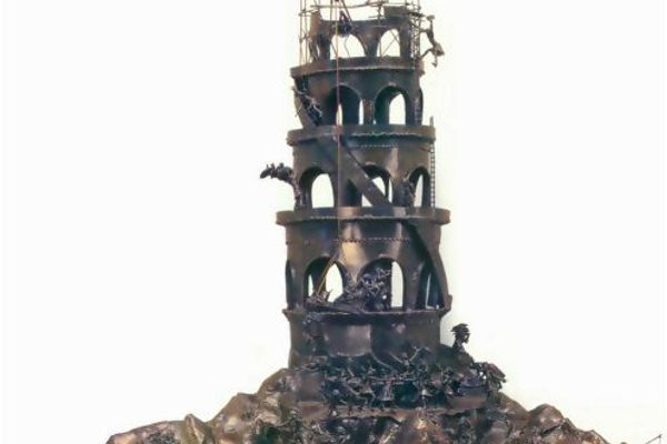 A sculpture of the Tower of Babel, by Alan Baughman, from the Introductory Room of the Museum of the Alphabet