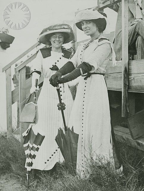 Matilde Moisant (left) poses with Harriet Quimby (right), c. 1911-1912.