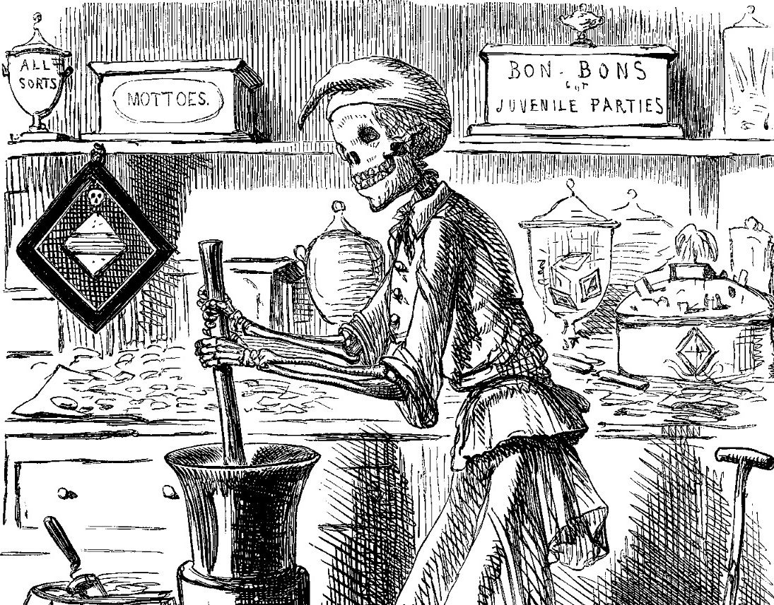 This ghoulish image of a skull-faced candymaker was a direct response to the Bradford poisonings.
