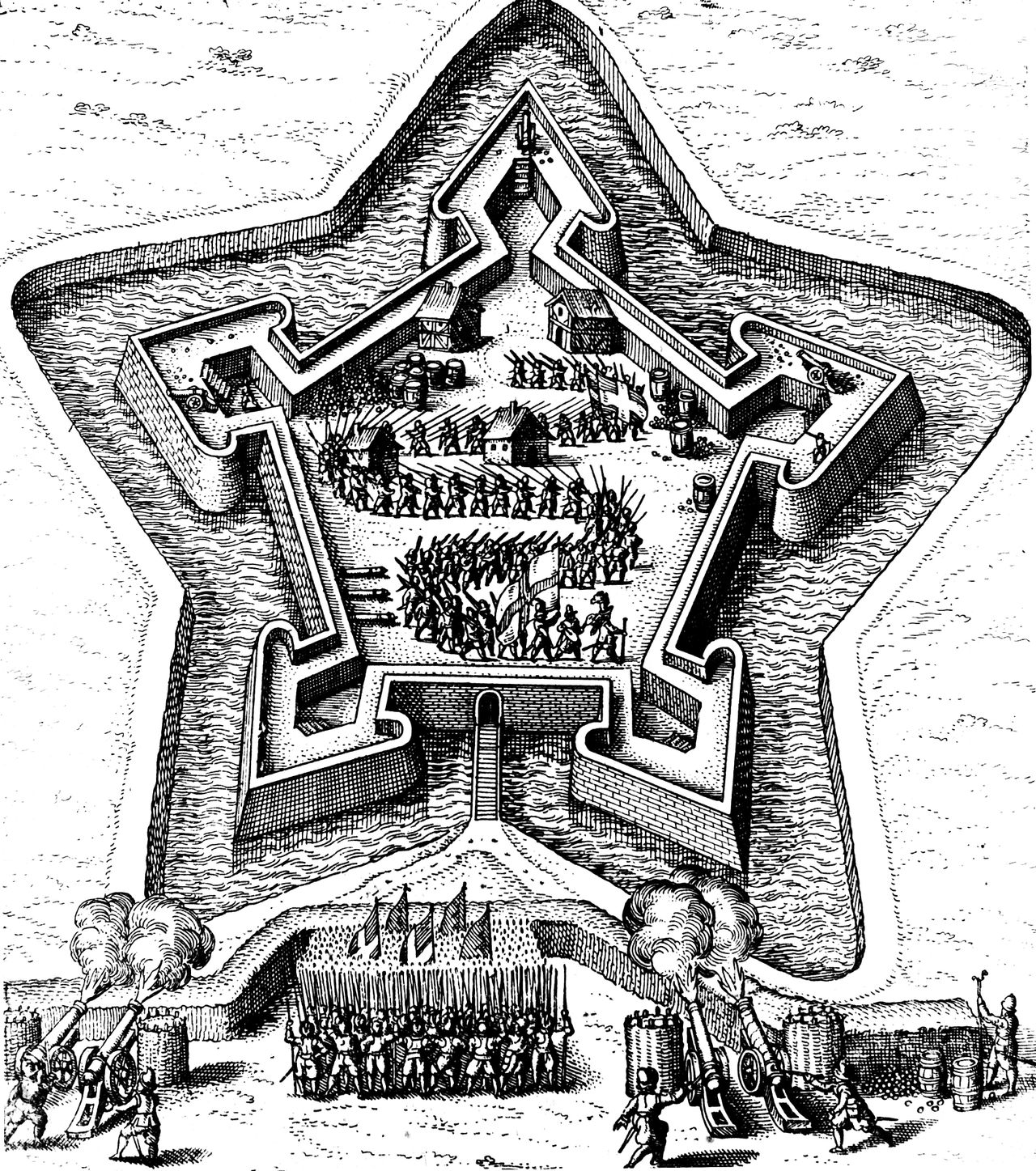 A 17th-century engraving depicts a star fort coming under siege.
