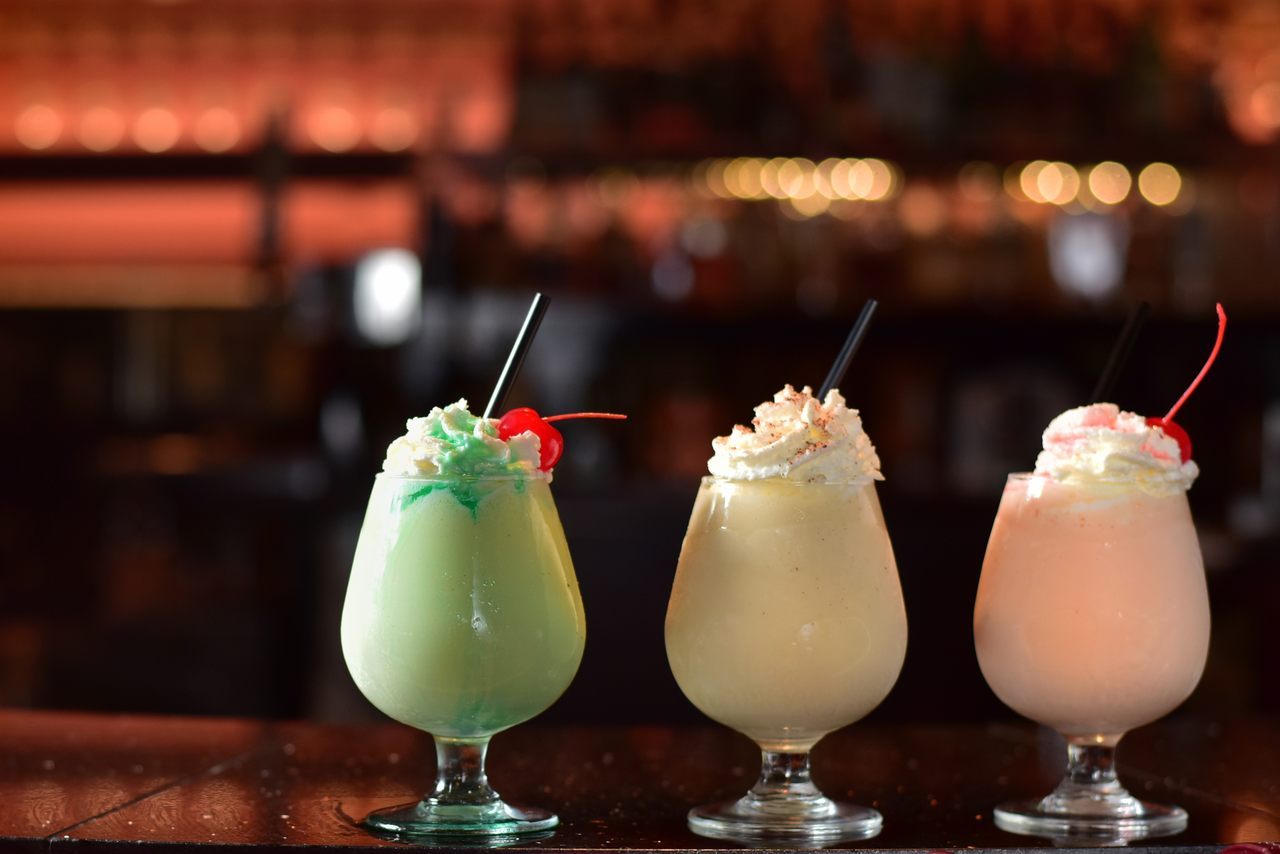 (Left to right): Grasshopper, Brandy Alexander and Pink Squirrel cocktails at Del-Bar in Lake Delton, Wisconsin.
