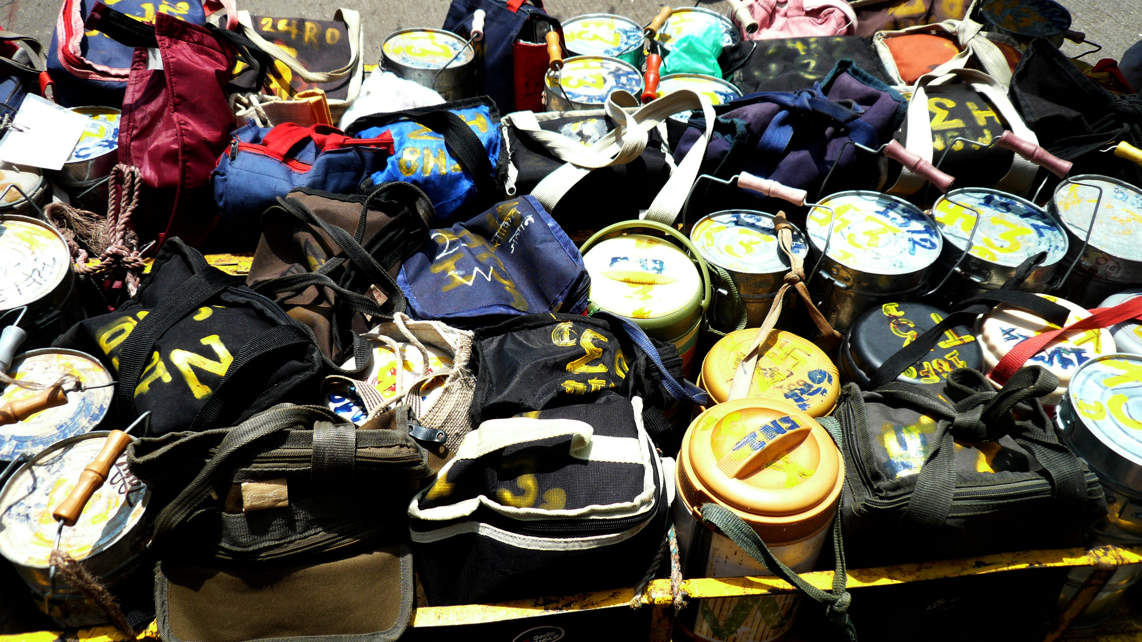 Dabbas sit at Mumbai's Churchgate Station, in preparation for delivery.