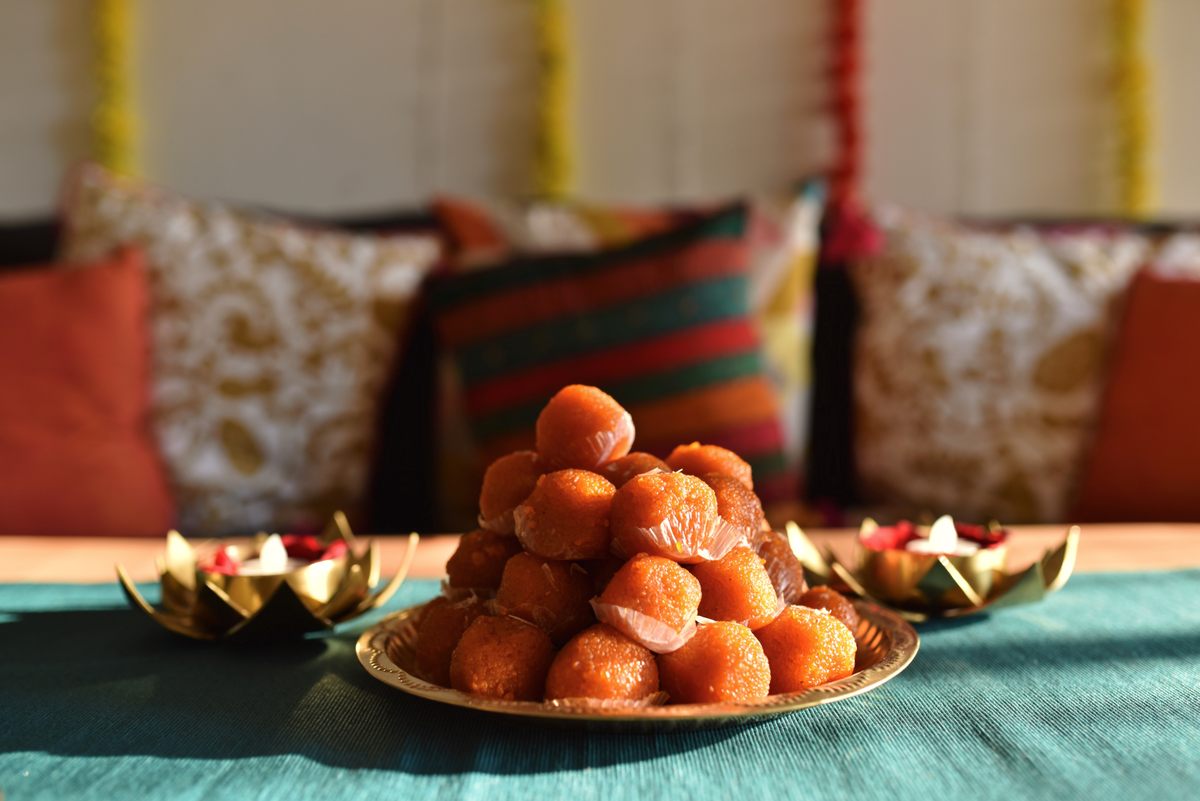 Laddoos on a plate for Diwali.