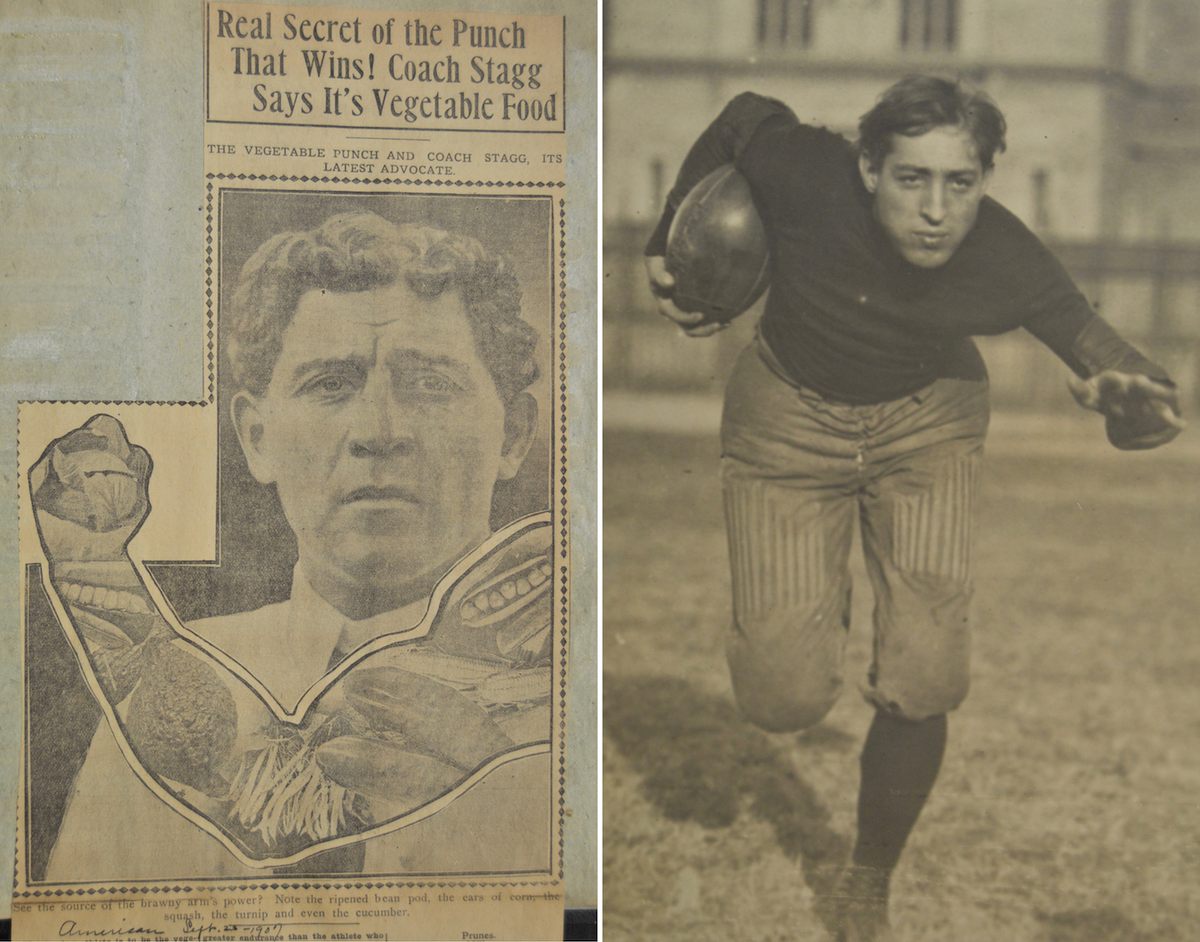 From left: a 1907 newspaper article on Stagg's "vegetable food"; 1907 team captain Leo DeTray.