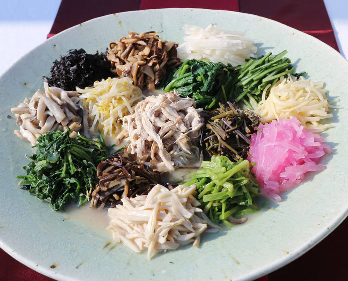Lady Jang's recipe for japchae contains no glass noodles, unlike the modern version. Instead, it's a mix of fried vegetables, mushrooms, and pheasant meat.