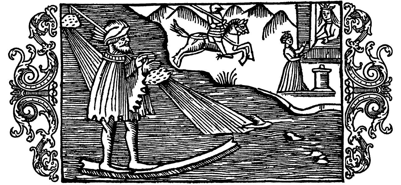 An etching of Ullr, by the medieval scribe Olaus Magnus, shows the Norse god traversing a sea on his "magic bone"—probably a skate—with a wooden pole over his shoulder.