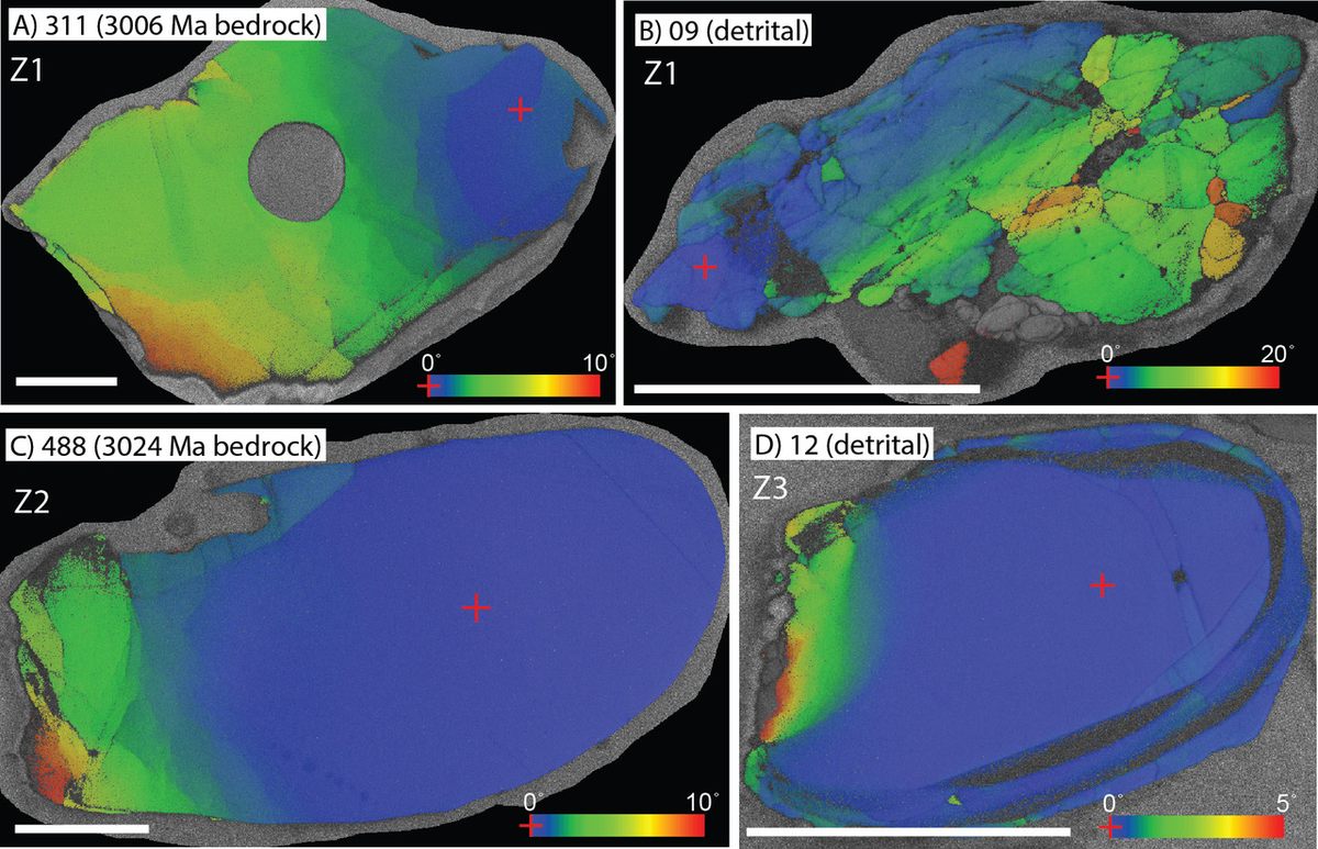 Zircons, here shown in electron backscatter diffraction orientation maps, are known as "time capsules" for the information they carry across geological epochs.