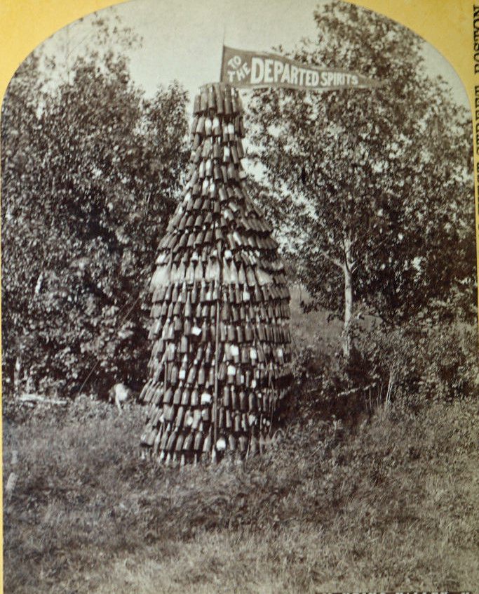 "A Monument to The Departed Spirits," a sculpture made of (you guessed it) empty liquor bottles, one of the many punny attractions on Baker's estate. 