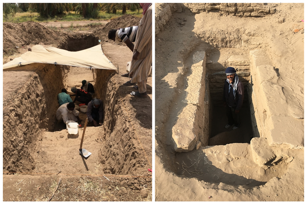 Members of the research team looking for subterranean structures (left); Mohamed Faroug Ali in a stone-lined tomb structure.
