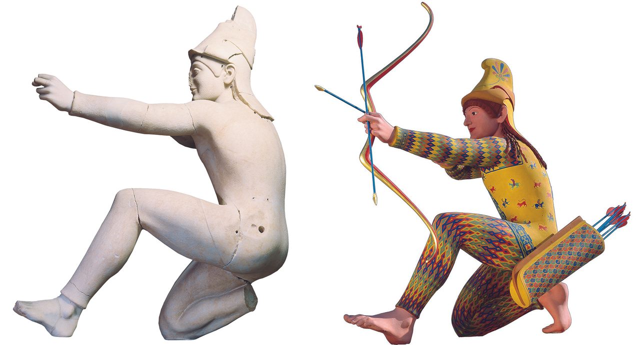 Left, the Trojan archer from the 5th-century BC Aphaia Temple in Greece, and right, a reconstruction of how it would have looked. 