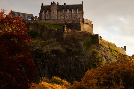 Edinburgh Castle, seen from below at sunset. 