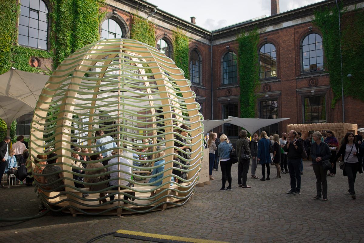An algae dome, marketed as a food-producing pavillion.