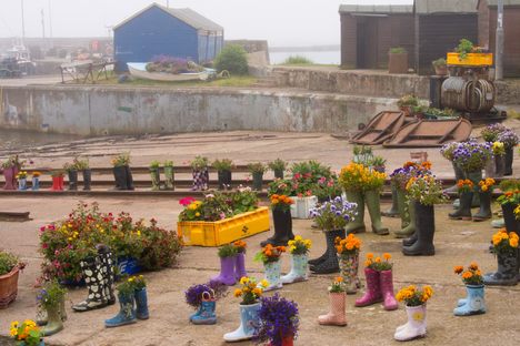 The old wellies decorate the slipway at the St Monans harbour.