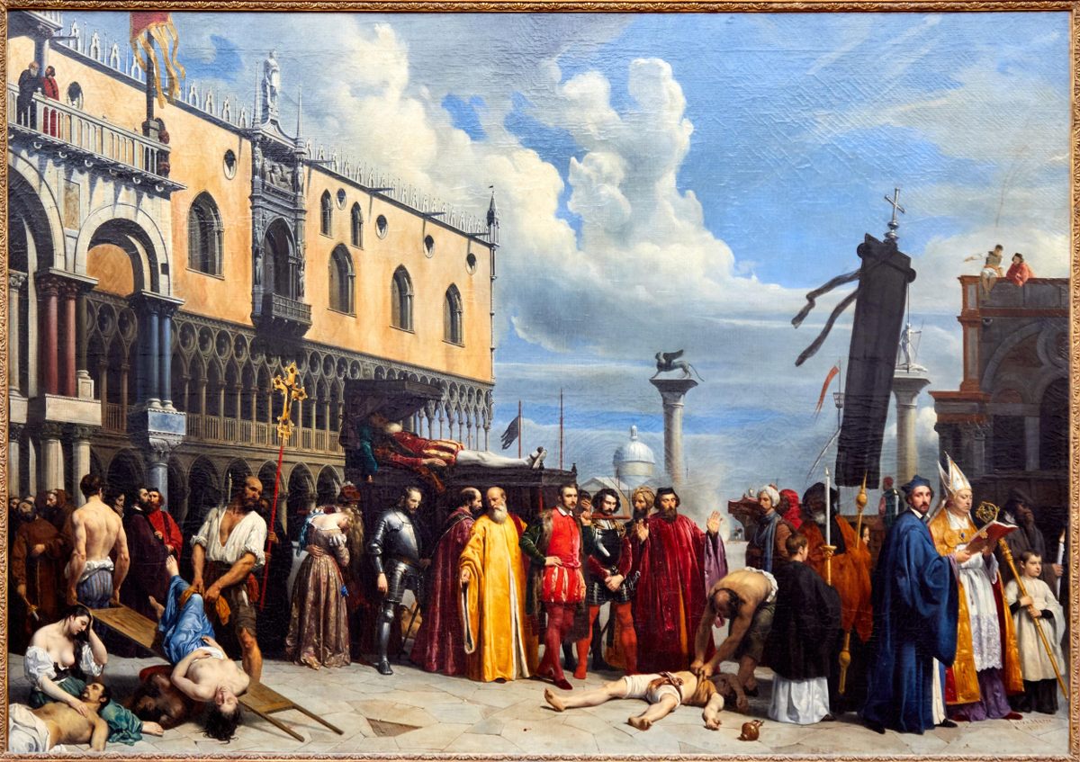This 1833 painting by Alexandre Hesse in the Louvre in Paris depicts the funeral rites of the painter Titian after his death from plague. 