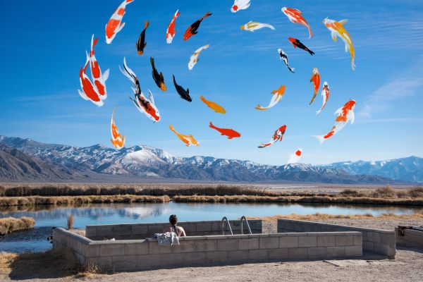 Oasis by Francesca Berrini and Lindsey Rickert channels postcard imagery of resorts and spas, mixing mediums to immortalize a surreal experience at Fish Lake Valley, 