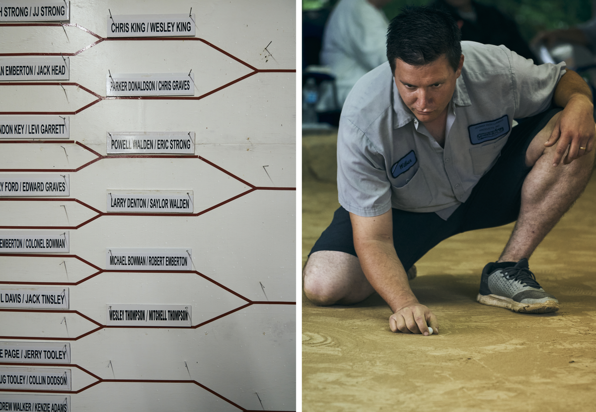 At the 38th National Rolley Hole Marbles Championship in 2021, 16 teams competed for more than 16 hours before Adams and his partner, Andrew Walker [right], made it to the final round.