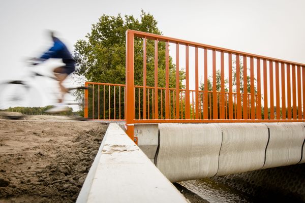 A cyclist rides over one of the world's first 3D-printed concrete bridge after its opening in Gemert, The Netherlands in 2017.
