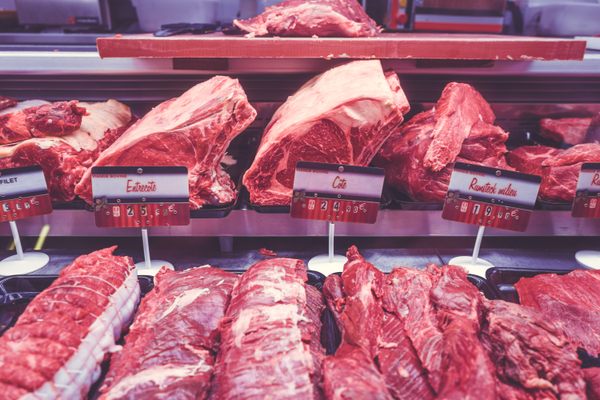 Cuts of meat displayed at the butcher in Biarritz, France.