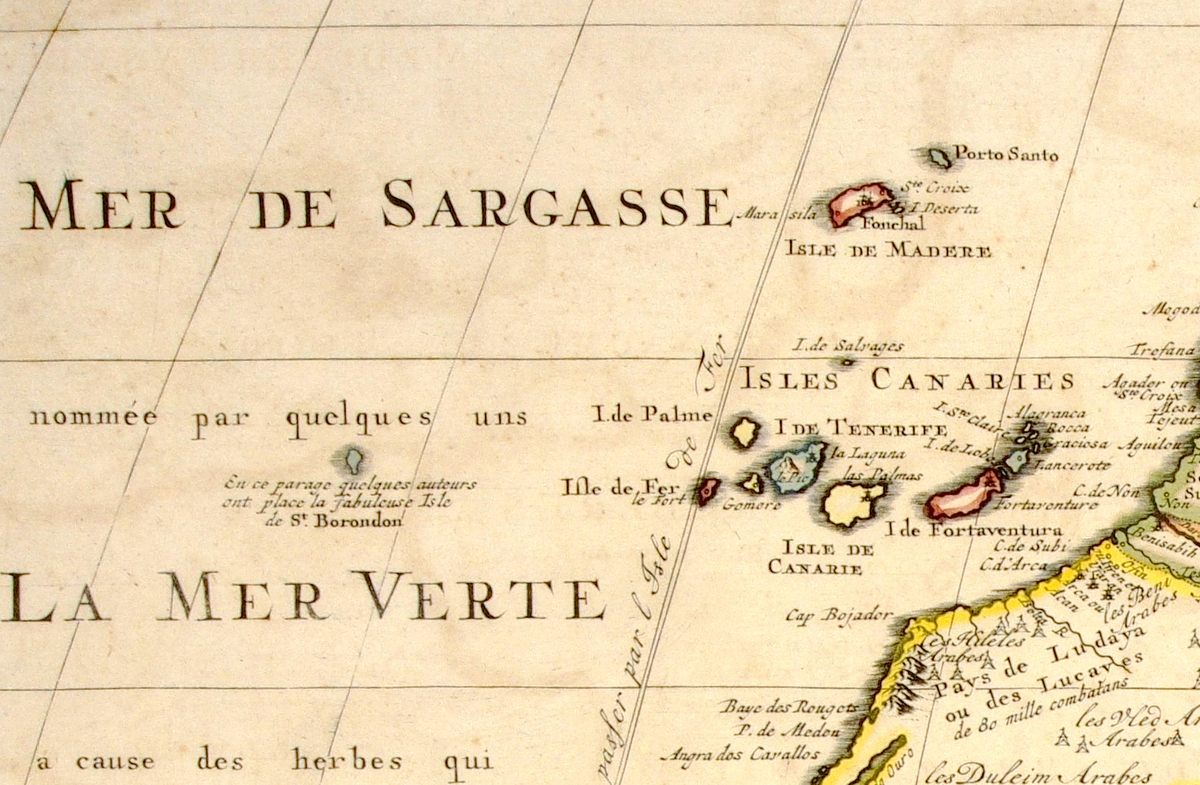 The fabled island of San Borondón is shown here, on the left of French cartographer Guillaume Delisle's 1733 map of the Canary Islands.
