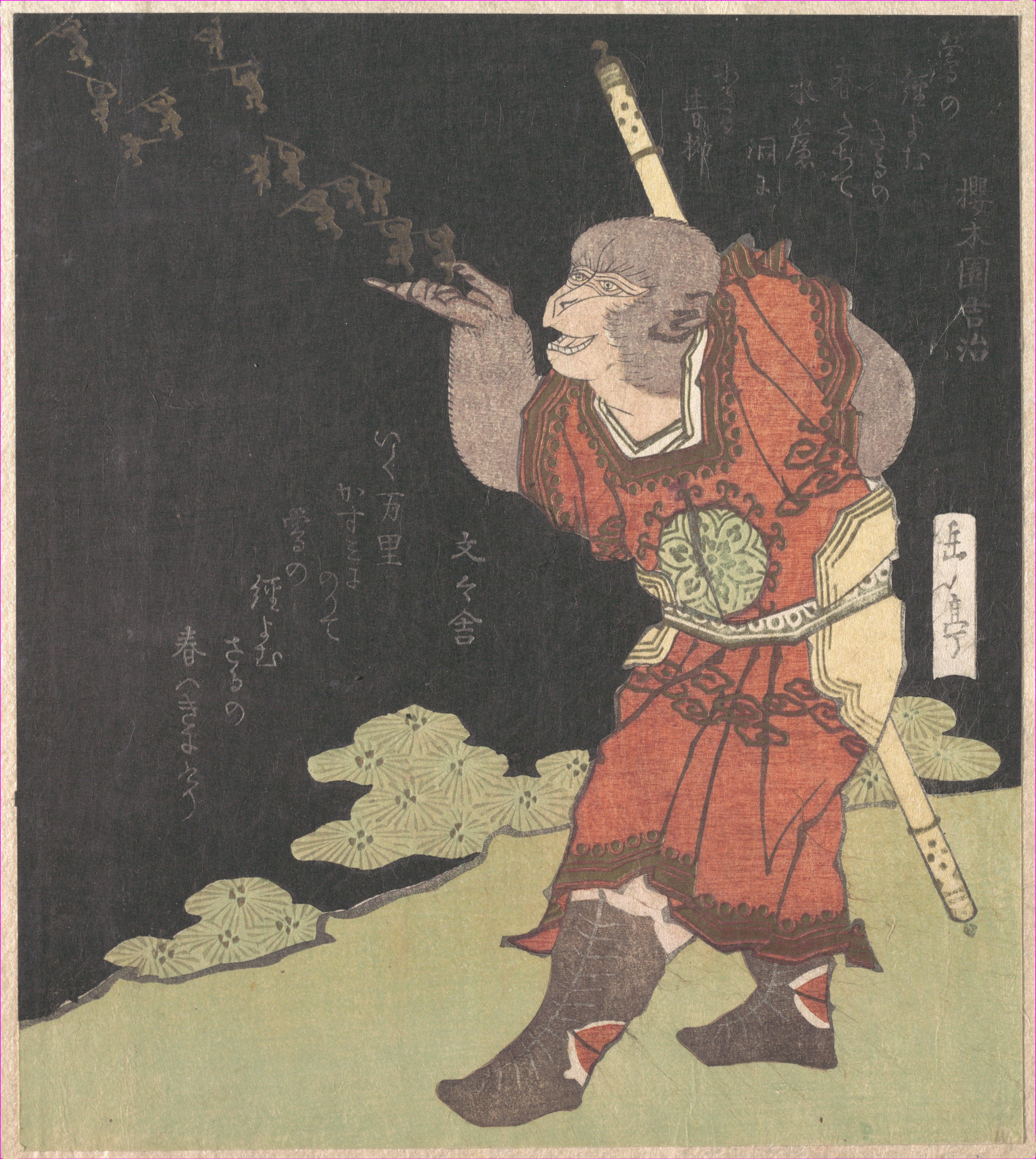 Early 19th-century woodblock print, by Yashima Gakutei, of the monkey king Sun Wukong from the Chinese novel <em>Journey to the West</em>.