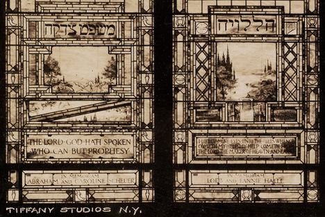 A composite photograph showing the windows at the Euclid Avenue Temple, Cleveland, Ohio.
