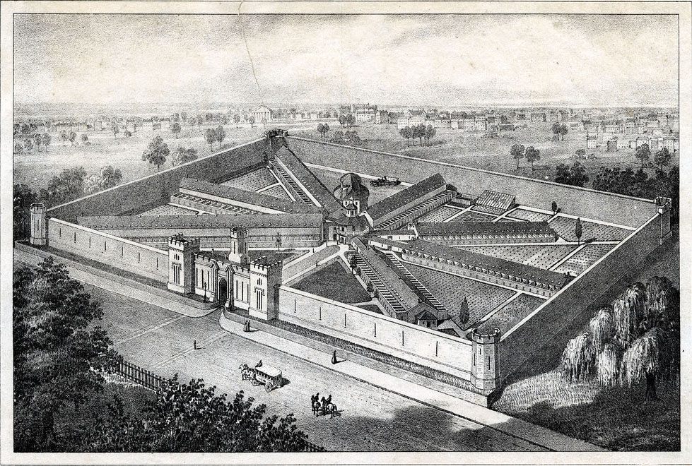 An aerial illustration of Eastern State Penitentiary in 1859.