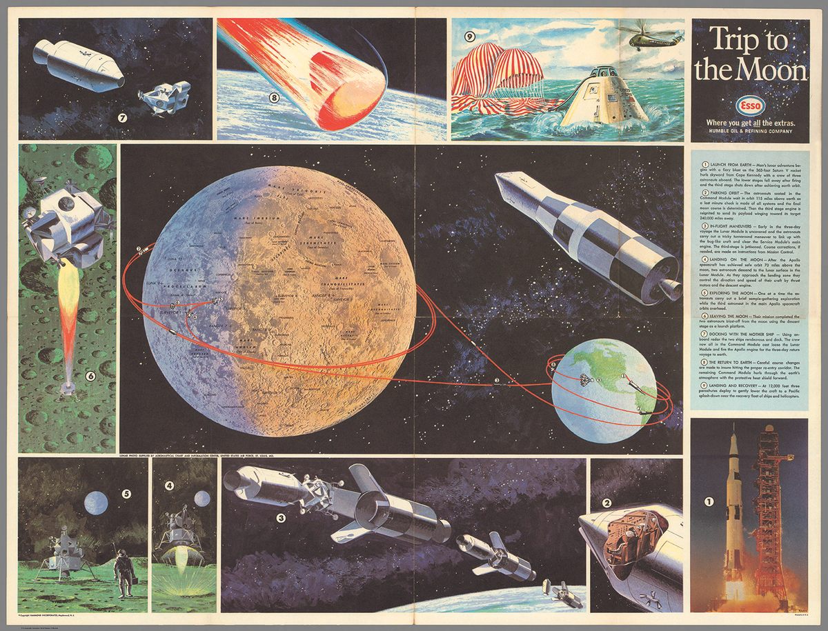 A poster produced in association with NASA with details of the 1969 Apollo 11 mission to the Moon. It was a promotional gift to customers at Esso gas stations.