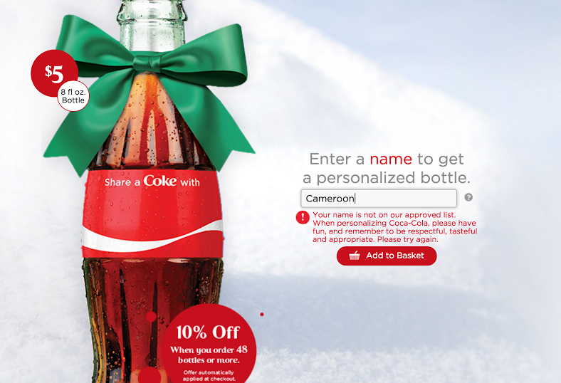 A screenshot of a failed Share a Coke attempt, taken on November 24th, 2015.