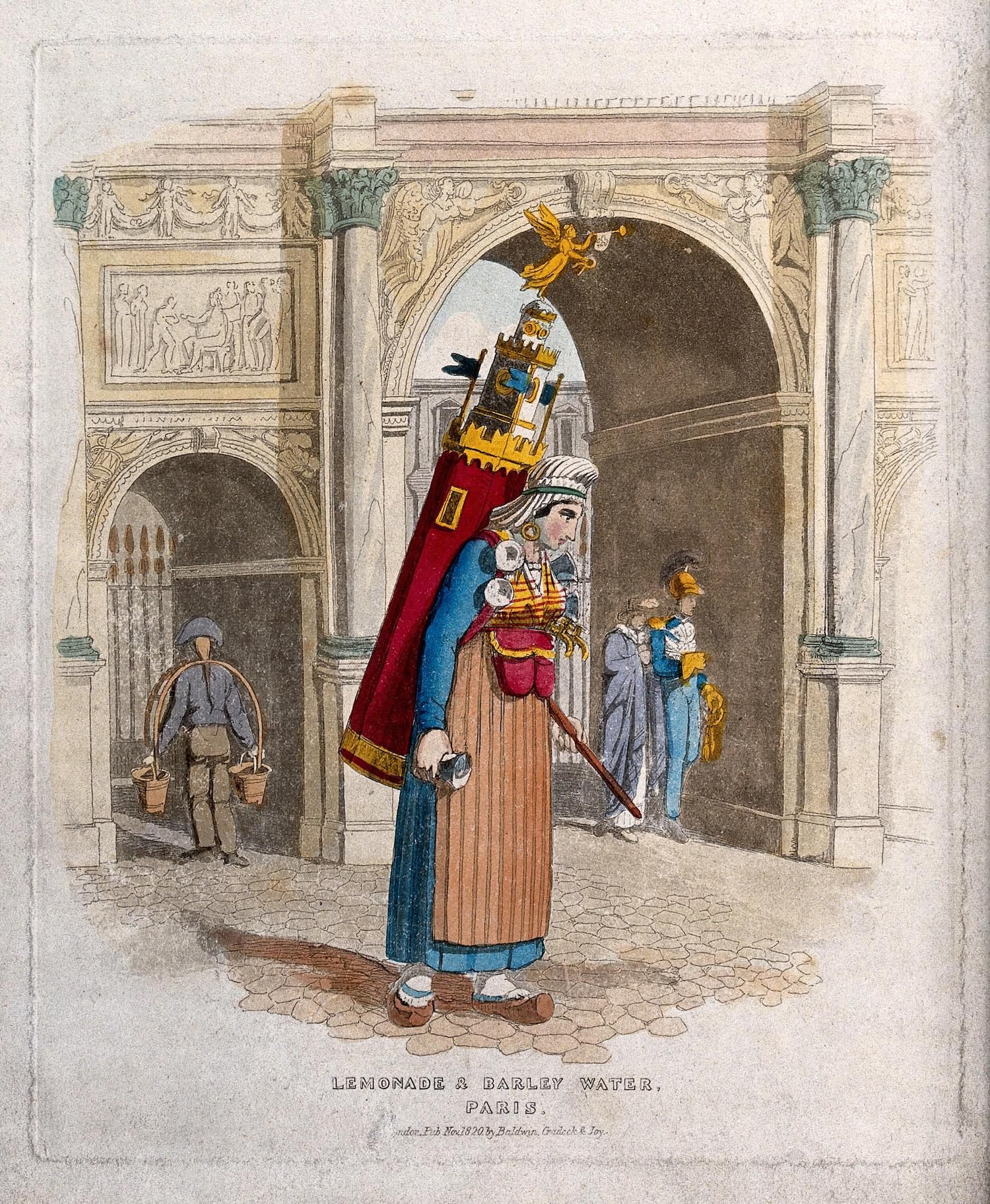 An 1820 sketch of a French lemonade vendor with an elaborate tank.