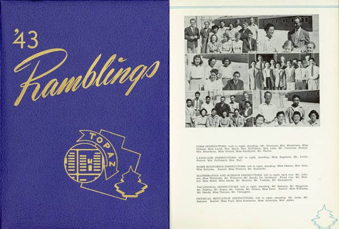 Left, the cover of the 1943 <em>Ramblings</em> Yearbook; right, the teachers of Topaz High School. 