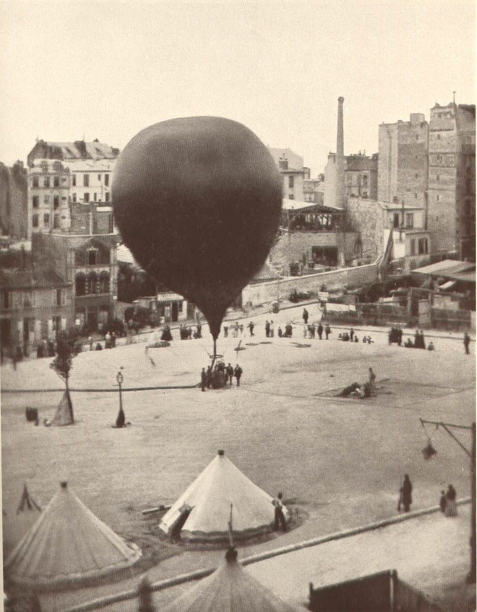 A mail balloon takes off from Paris in September of 1870.