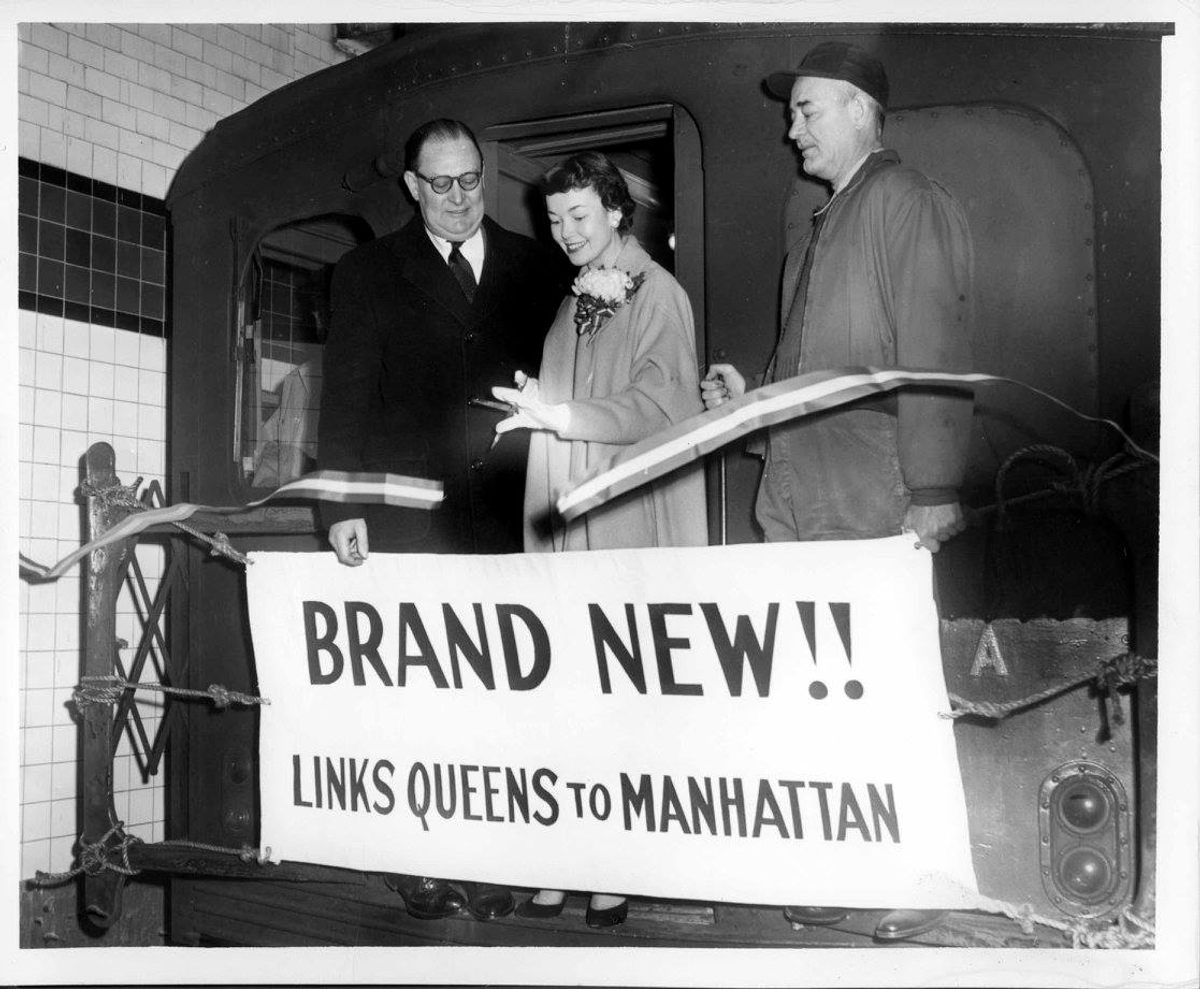 Miss Subways sometimes had ceremonial roles. In 1955, Miss Subways cuts the ribbon to open a Queens-to-Manhattan line.
