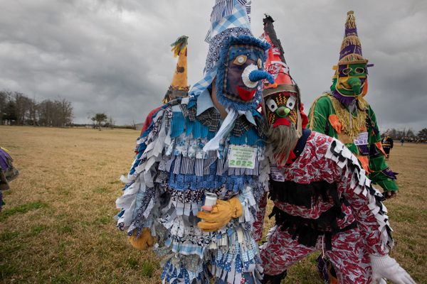 The creative costumes might be made of assortments of household or farm trash such as old feed bags, lampshades, bottle caps, and spent shotgun shells. 