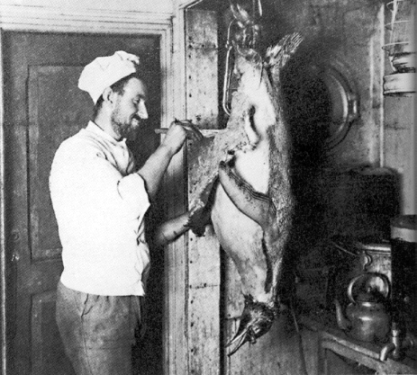 Charles Green, a cook on Shackleton's ship "Endurance," preparing a penguin for supper.