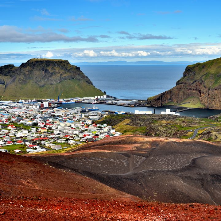 Heimaey town and harbour seen from Eldfell volcano