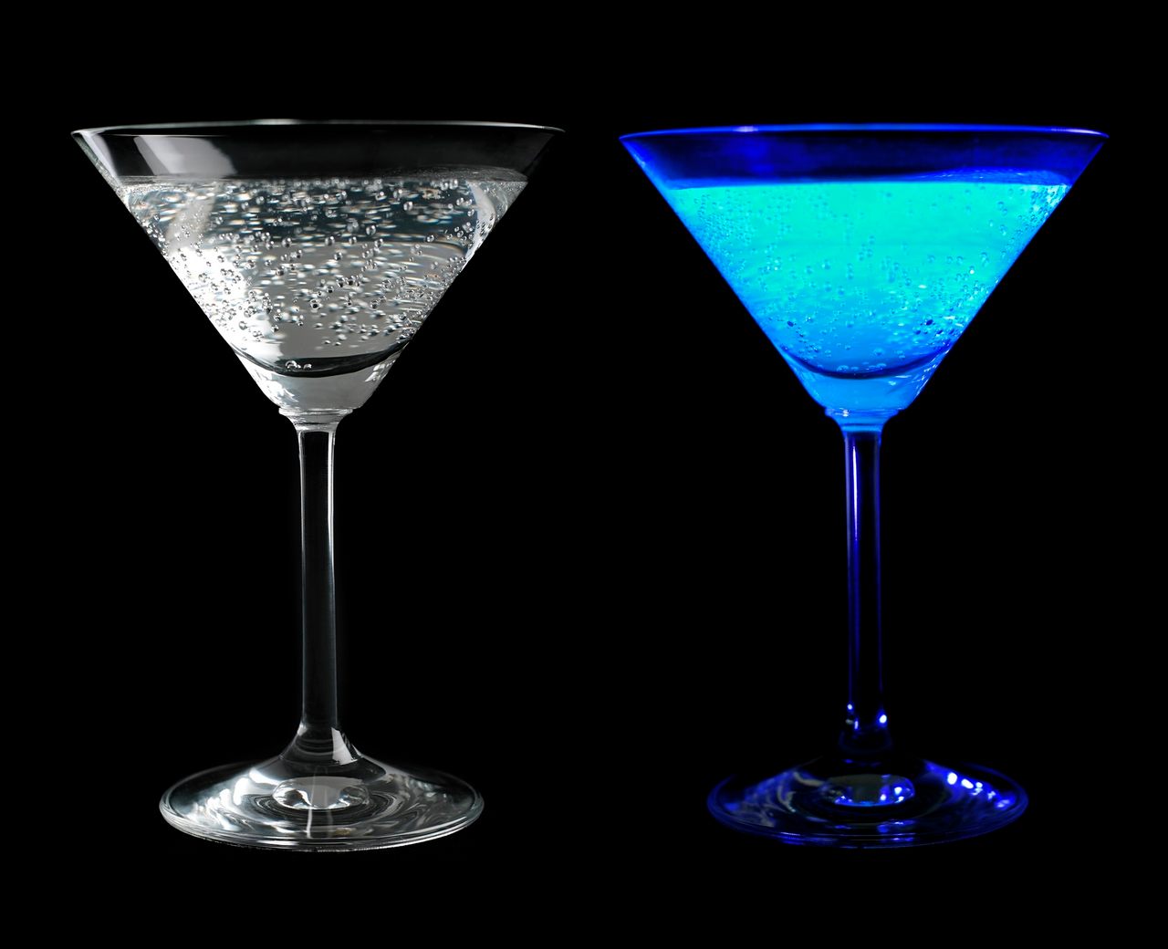 Two glasses of tonic water, with one glowing under UV light.  