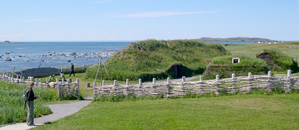 Replica buildings sit in the old Viking village of L’Anse aux Meadows in Newfoundland, thought to have been called Vinland at the time. 