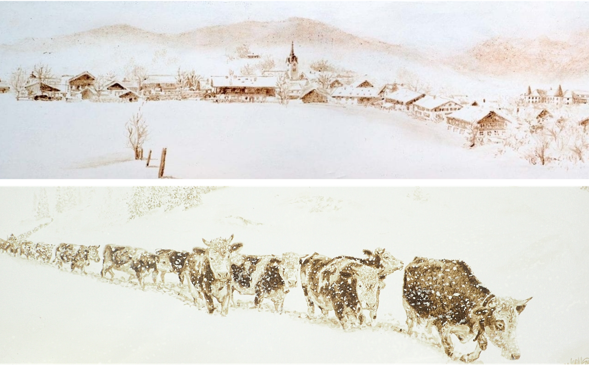 Härtl's landscapes include a sprawling view of Reichersbeuern, where he lives, and this detail from a painting of cows being driven down to the valley from their pasture amid an early snowfall.