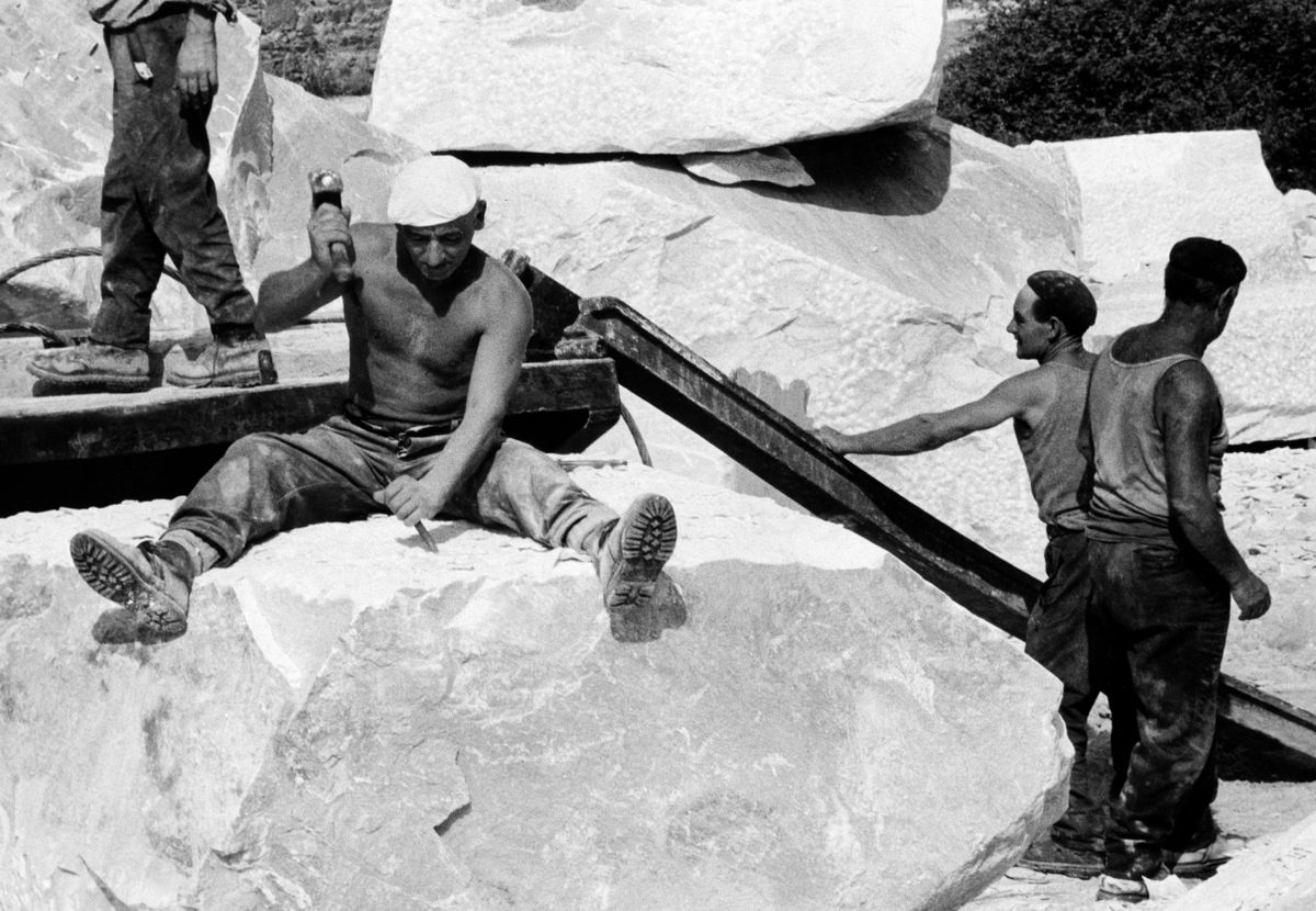 Workers in a Carrara marble quarry, 1965.
