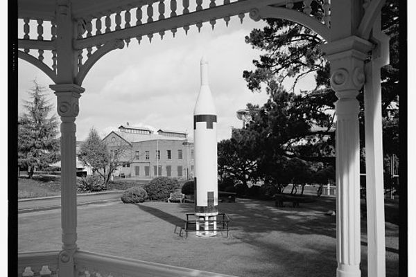 View of Alden Park from the bandstand, showing polaris missile.