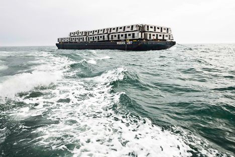 Subway cars set sail on a barge in "Weeks 297, 2008."