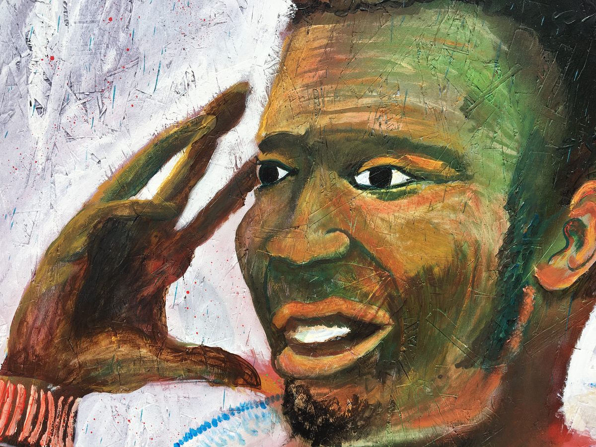 What started as a solo project for artist Robert Upham has quickly become a communal effort. Upham believes that Black and Native Americans face similar, although distinct, relationships with the police. In murals about racial justice and Black liberation, he has also incorporated symbols from Native American folklore and history. This one shows Fred Hampton, a member of the Black Panther Party who was killed by law enforcement in 1969.
