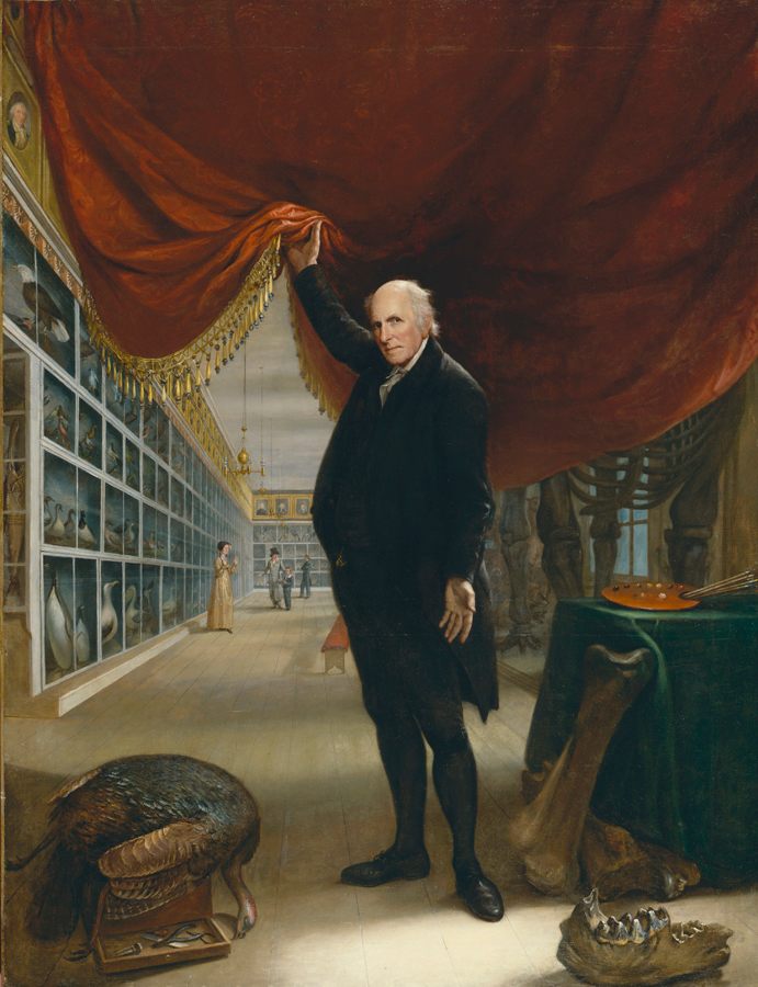 Peale's self-portrait shows him in his Philadelphia museum, with the mastodon's legs visible behind the lifted curtain. 