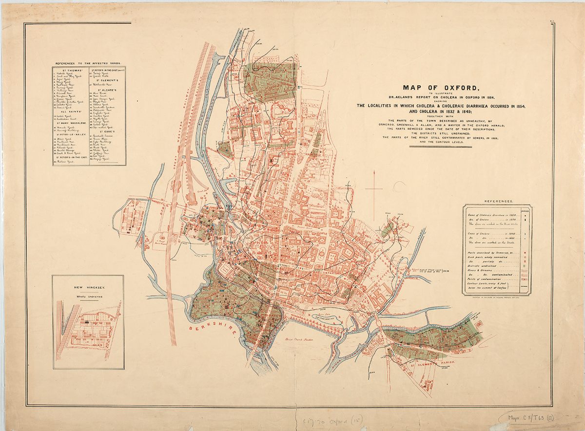 A map of Cholera in Oxford in 1854, "showing the localities in which cholera & choleraic diarrhœa occurred in 1854, and cholera in 1832 & 1849; together with the parts of the town described as unhealthy".